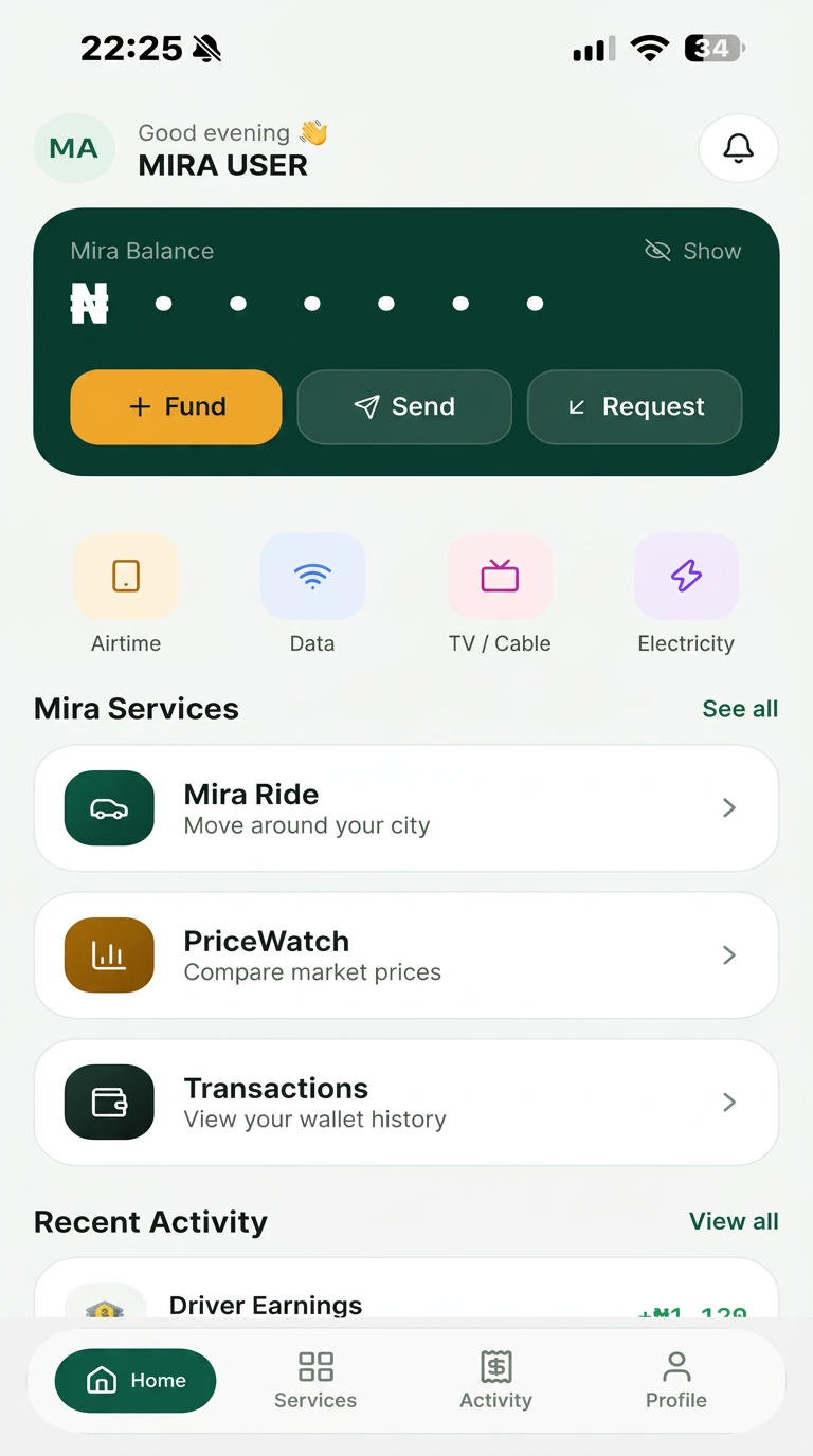 Mira home screen with wallet and services