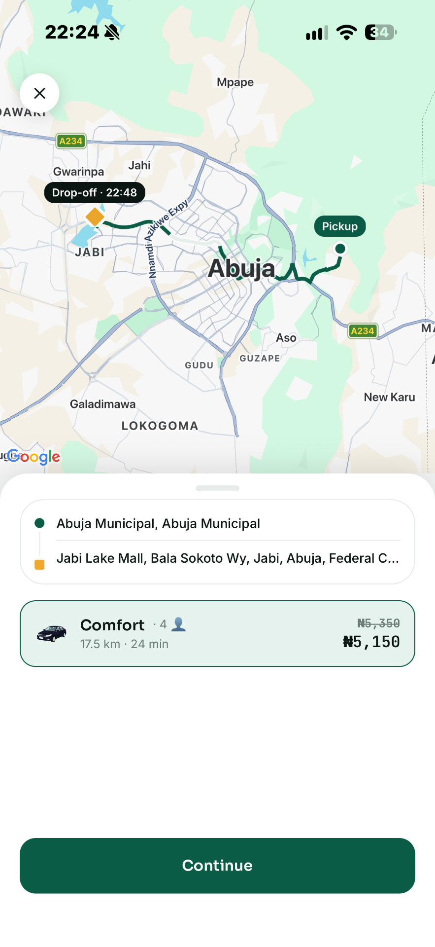 Mira Ride route and fare screen