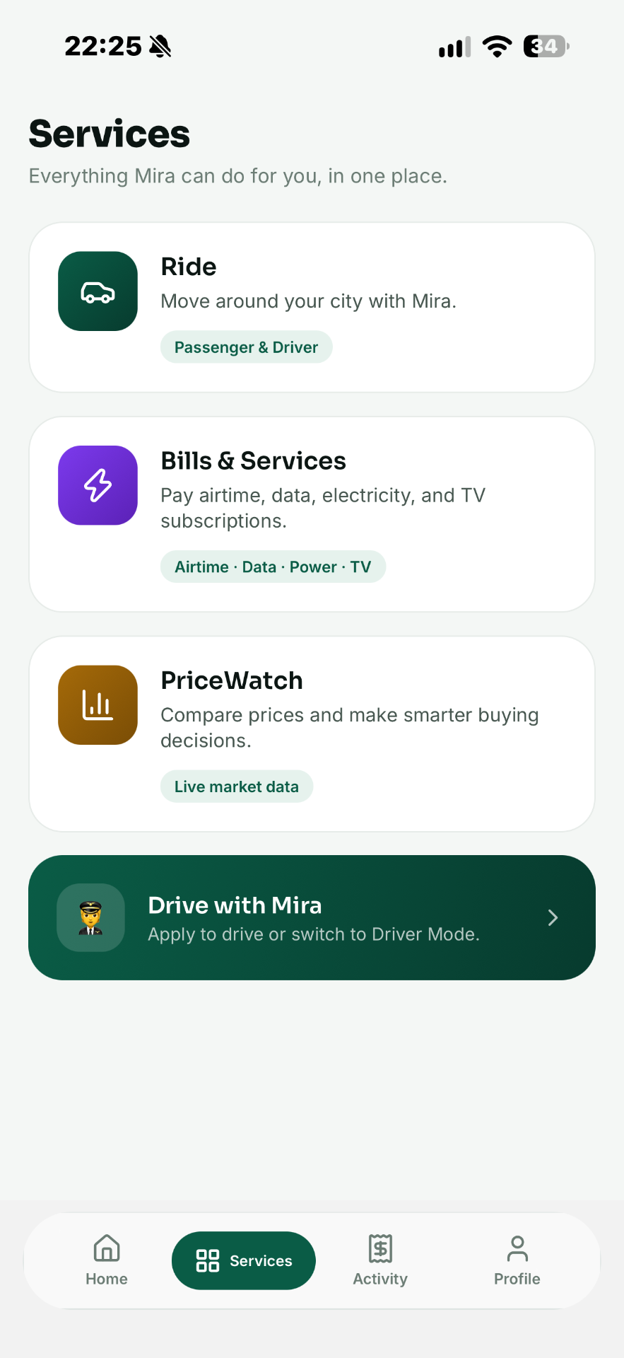 Mira services screen