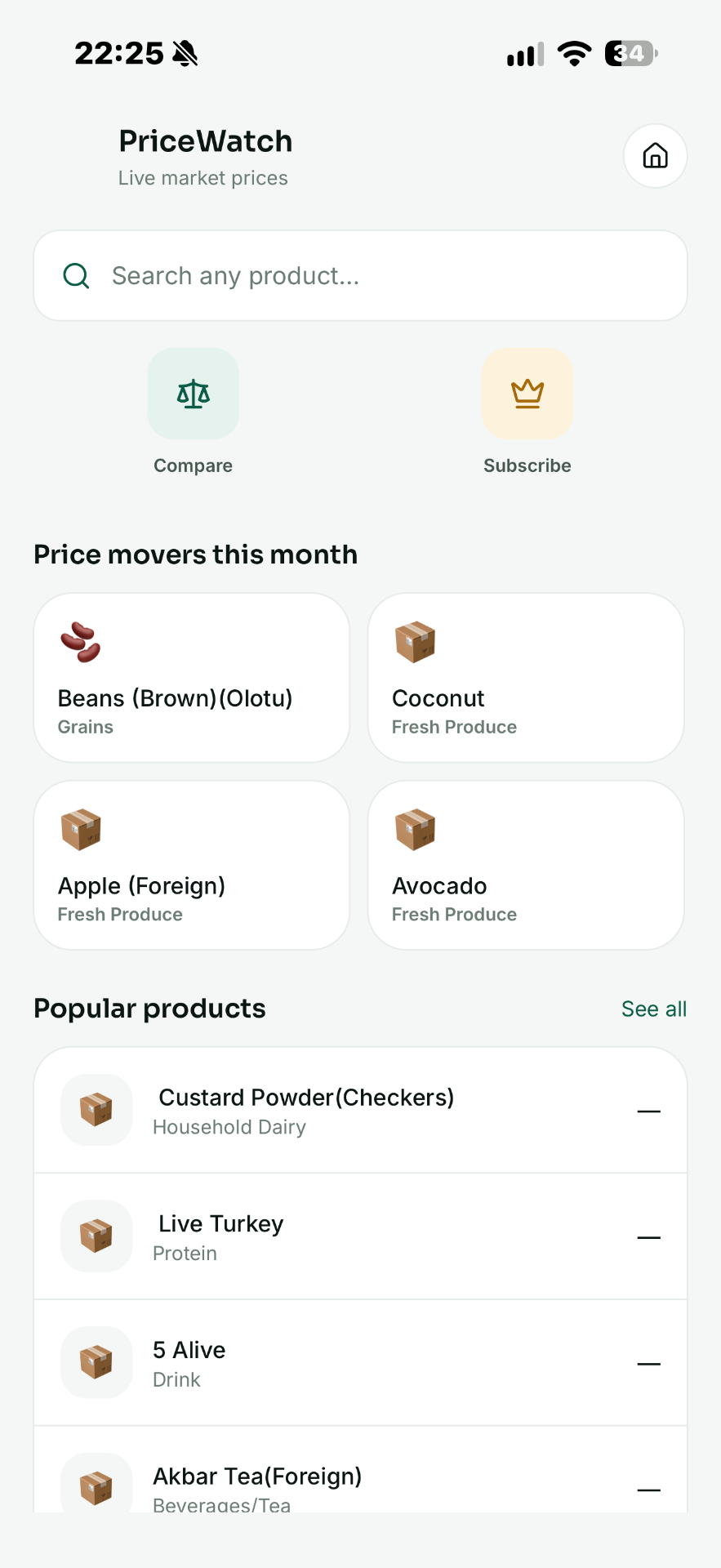 Mira PriceWatch market prices screen